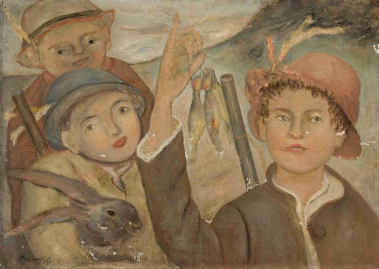 Hunting game,Vânătoare de vânat,Tadeusz Makowski,Pictura in ulei,Pictura in ulei, pălărie, mai multi baieti