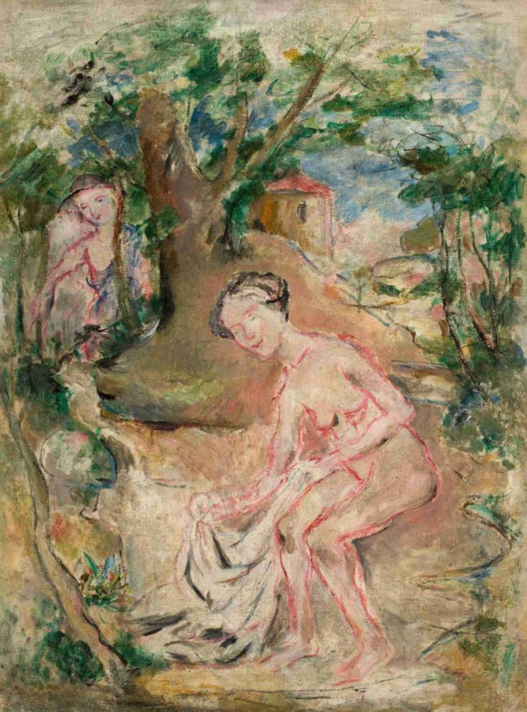 In a bath,在浴缸裡,Tadeusz Makowski,油畫,油畫, 裸體, 1個女孩, 樹, 繪畫（中）, 乳房, 獨奏, 傳統媒體, 坐著, 閉著眼睛, 假傳統媒體, 美術模仿, 黑髮, 水彩（中）