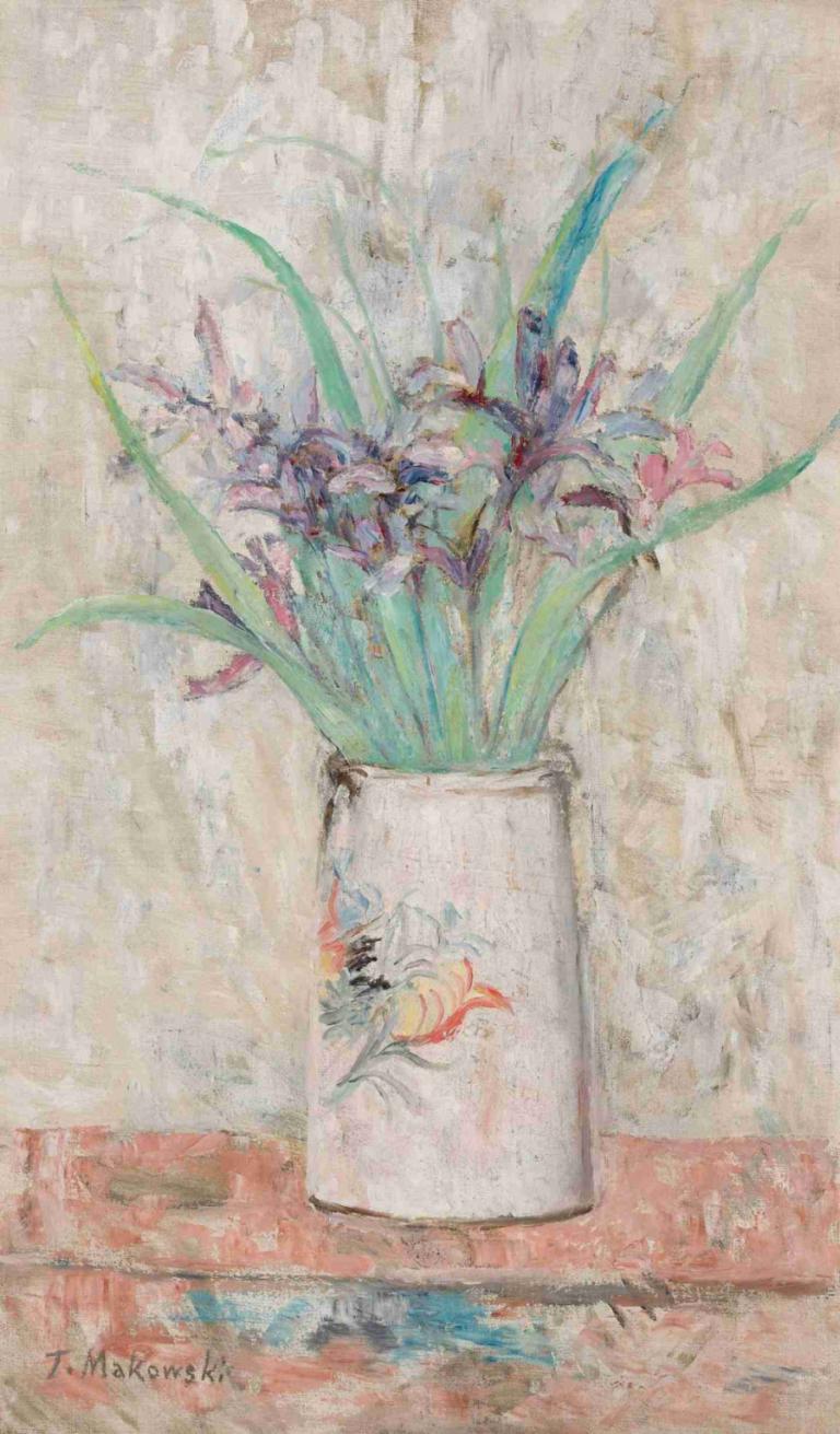 Irises in a white flower-vase,白色花瓶裡的蝴蝶花,Tadeusz Makowski,油畫,油畫, 花, 沒有人類, 植物, 傳統媒體, 繪畫（中）, 簽名, 水彩（中）, 靜物, 葉子