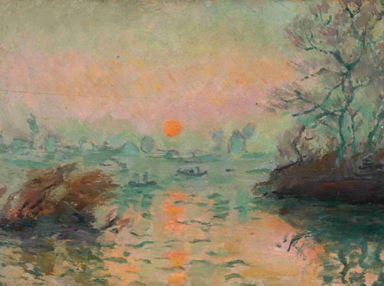 Landscape at sunset,夕暮れの風景,Tadeusz Makowski,タデウシュ・マコフスキ,油絵,油絵, 人間がいない, 木, 景色, 屋外, 従来のメディア, 絵画（中）, 太陽, 水, 水彩（中）