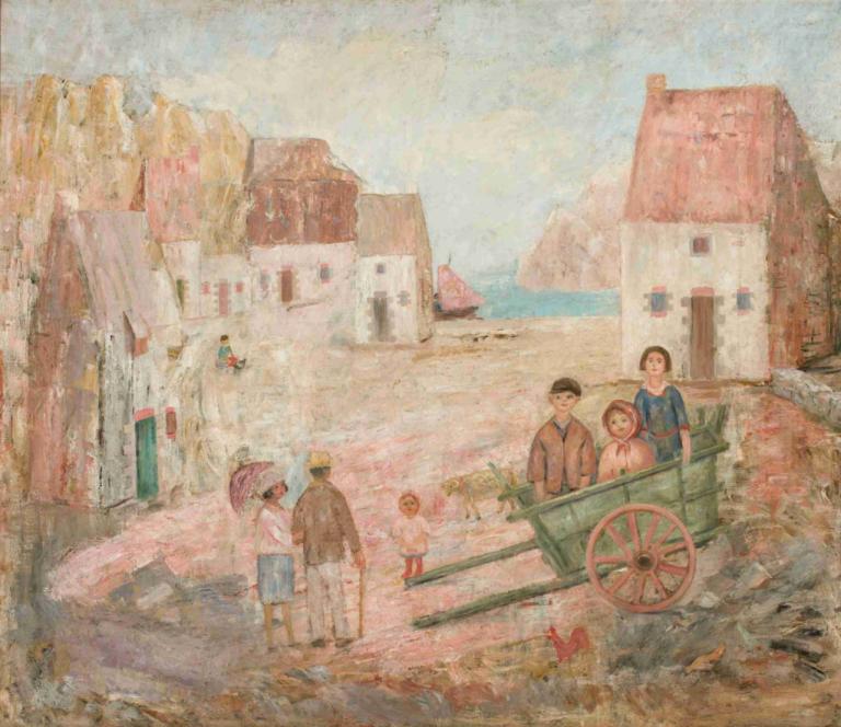 Landscape of a small town with children in a pram,乳母車に乗った子供たちと小さな町の風景,Tadeusz Makowski,タデウシュ・マコフスキ,油絵,油絵