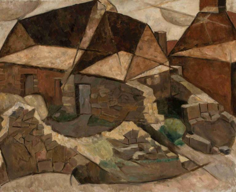 Landscape with houses,Pokrajina s hišami,Tadeusz Makowski,Oljna slika,Oljna slika, brez ljudi, zgradba, solo