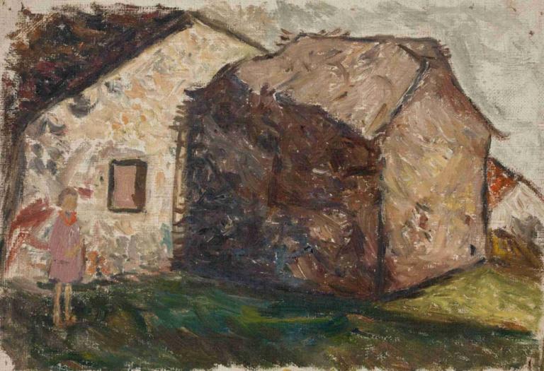 Little girl in front of a house,Deklica pred hišo,Tadeusz Makowski,Oljna slika,Oljna slika, 1 dekle, solo