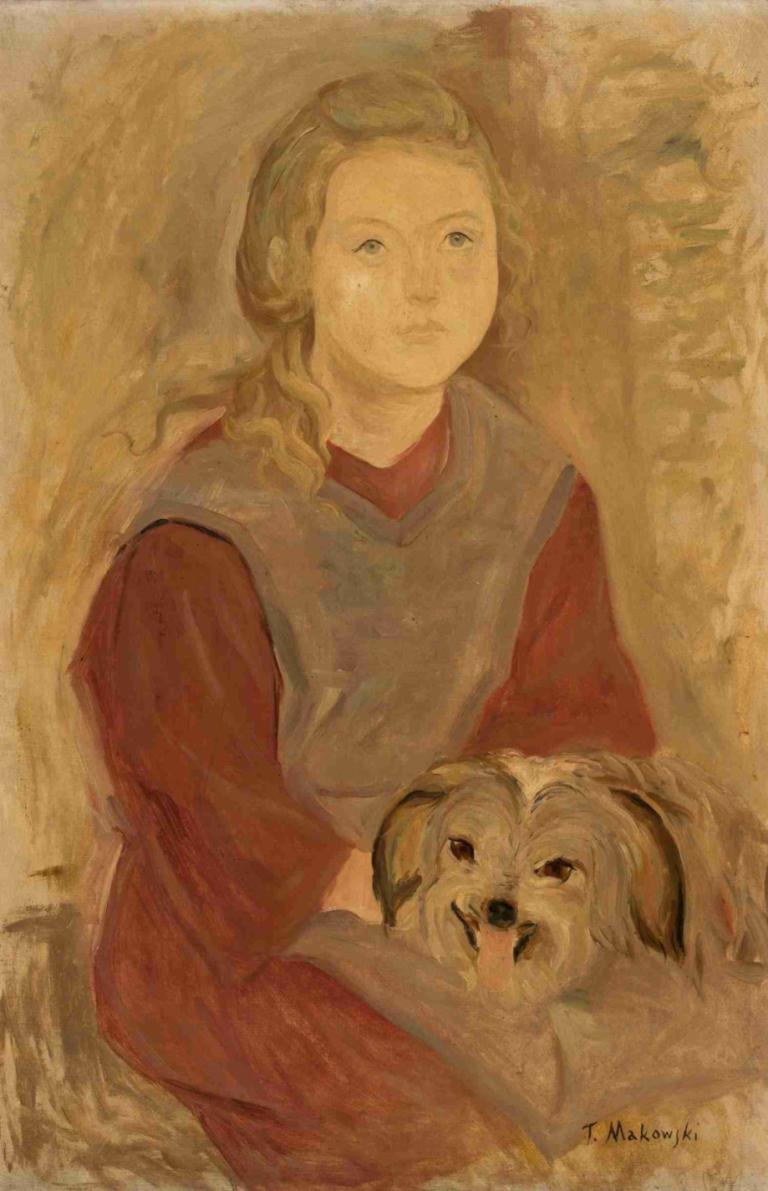 Little girl with a dog,Deklica s psom,Tadeusz Makowski,Oljna slika,Oljna slika, 1 fant, pes, moški fokus