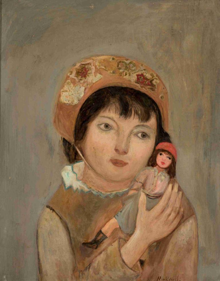 Little girl with a doll,人形を持つ少女,Tadeusz Makowski,タデウシュ・マコフスキ,油絵,油絵, 1女の子, 帽子, 黒髪, 茶髪, サイン, 従来のメディア, ドレス, 女の子2人