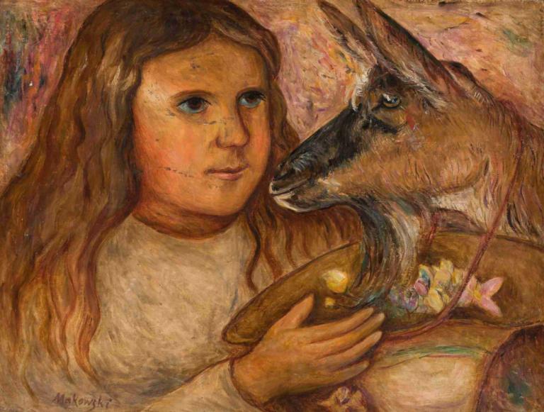 Little girl with a goat,ヤギを連れた少女,Tadeusz Makowski,タデウシュ・マコフスキ,油絵,油絵, 1女の子, 茶髪, 長い髪, 花, 従来のメディア, 絵画（中）, うさぎ