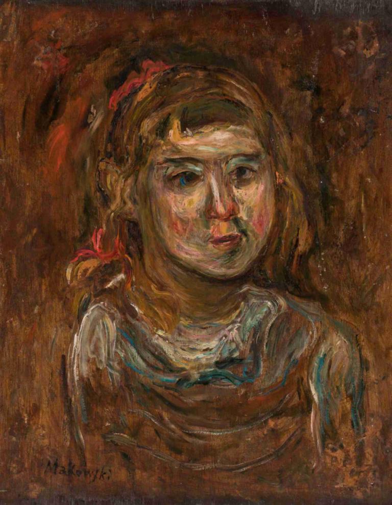 Little girl with a red ribbon,赤いリボンをつけた少女,Tadeusz Makowski,タデウシュ・マコフスキ,油絵,油絵, ソロ, 従来のメディア, 上半身, 茶髪, 絵画（中）