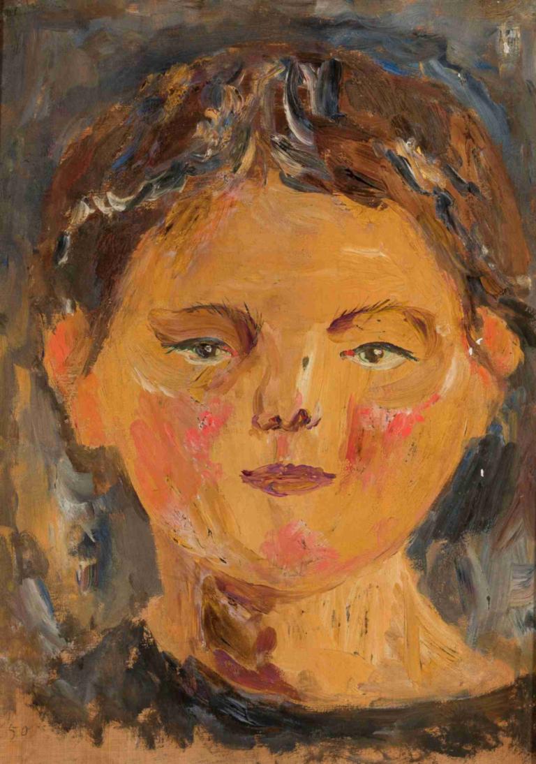 Little girl’s head,少女の頭,Tadeusz Makowski,タデウシュ・マコフスキ,油絵,油絵, ソロ, 茶髪, 肖像画, 従来のメディア, 男性の焦点, 男の子1名, 視聴者を見ている