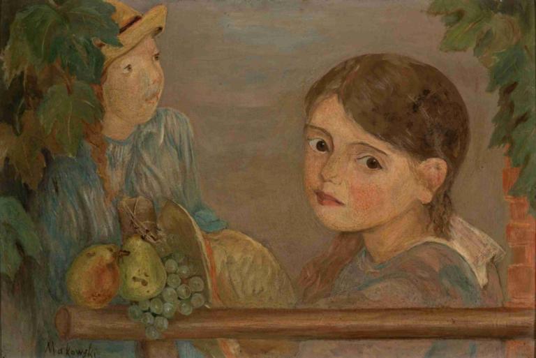 Little girls with grapes,ブドウを持つ少女たち,Tadeusz Makowski,タデウシュ・マコフスキ,油絵,油絵, 帽子, フルーツ, 茶髪, 葉, 食べ物, 1女の子, そばかす