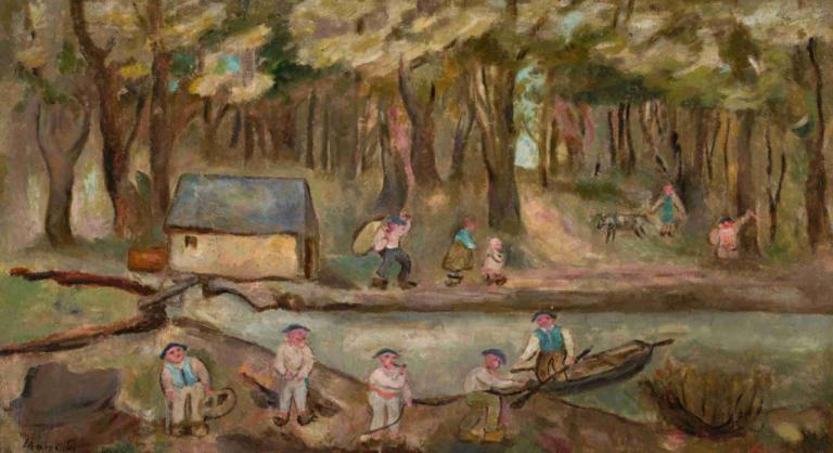 Młyn nad rzeką,Tadeusz Makowski,Oil Painting,Oil Painting, tree, multiple boys, nature, forest, outdoors