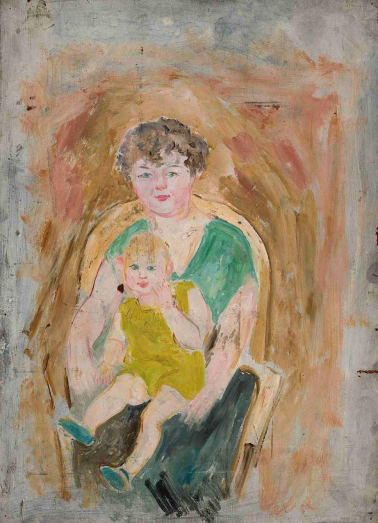 Mother and child,Mor og barn,Tadeusz Makowski,Oljemaleri,Oljemaleri, 1 jente, 1 gutt, kjole, sitter