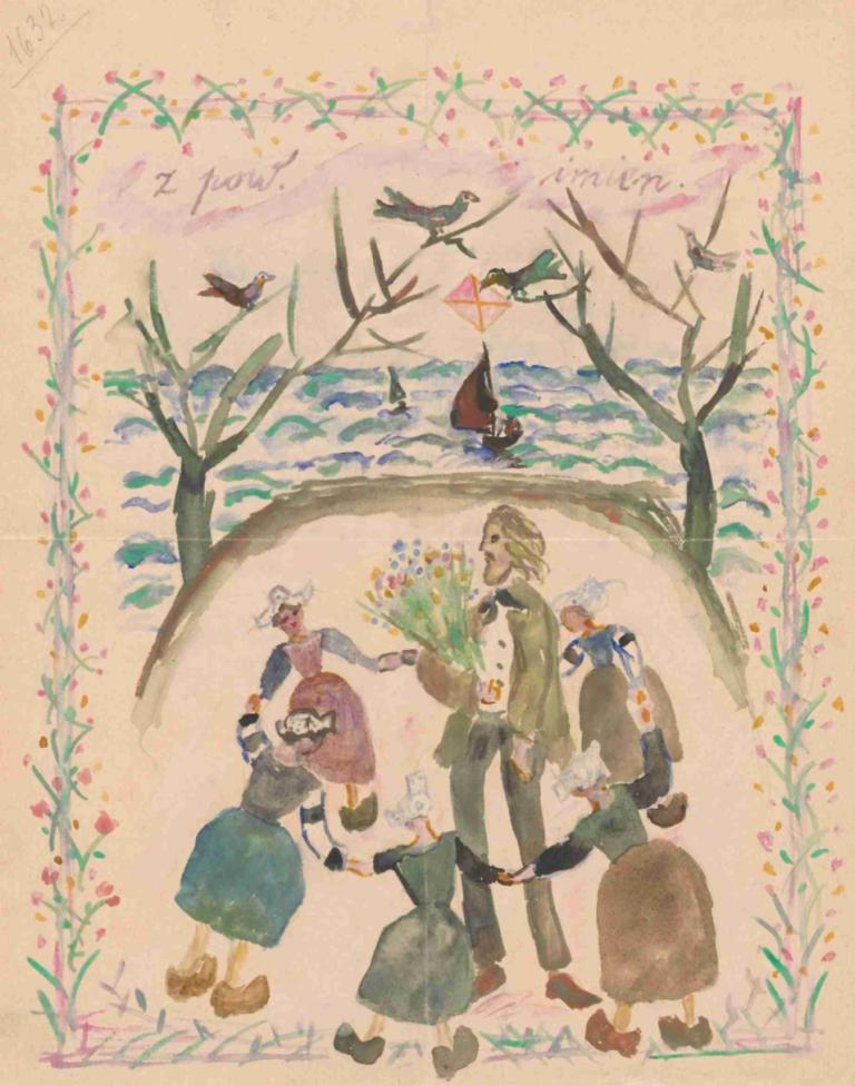 Name day card for Maria Mickiewiczówna,Tadeusz Makowski,Illustration,Illustration, bird, multiple boys, tree