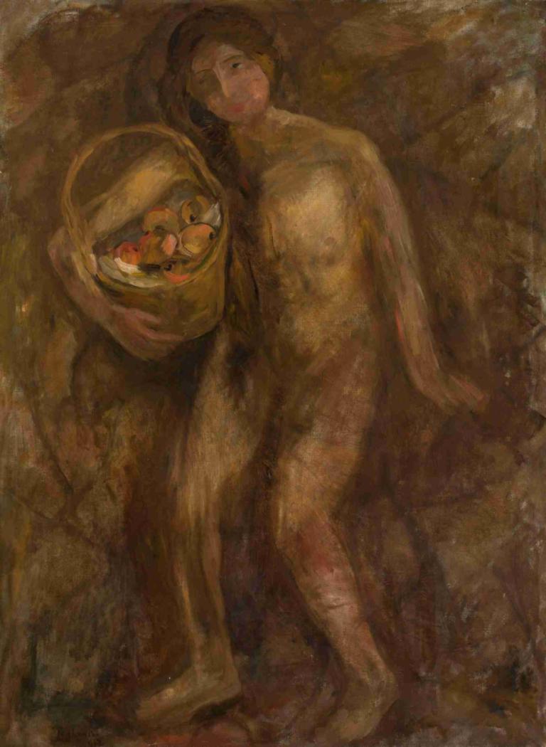 Nude girl with a basket of apples,Tadeusz Makowski,Oil Painting,Oil Painting, basket, nude, solo