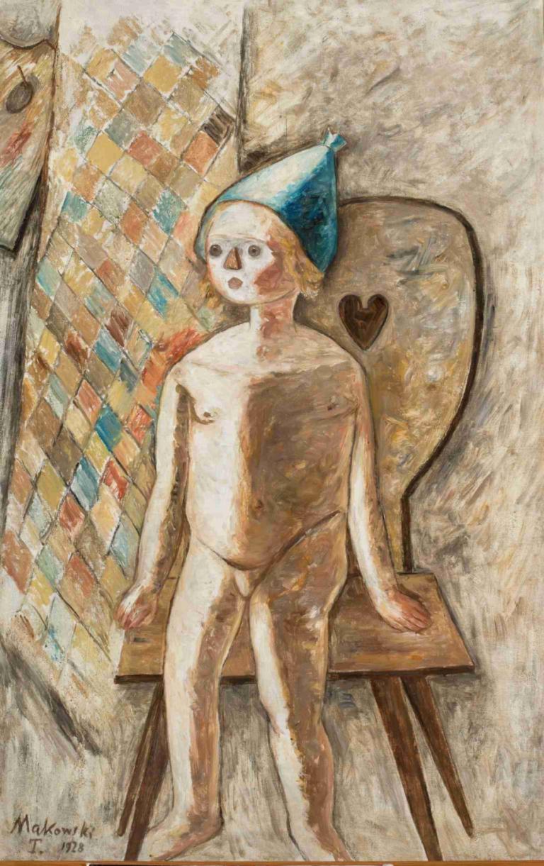 Nude little girl in a blue cap,Tadeusz Makowski,Oil Painting,Oil Painting, solo, 1boy, male focus, hat