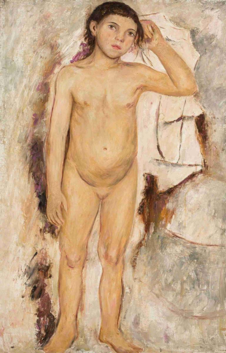 Nude little girl with a raised hand,Tadeusz Makowski,Oil Painting,Oil Painting, solo, nude, 1girl, nipples