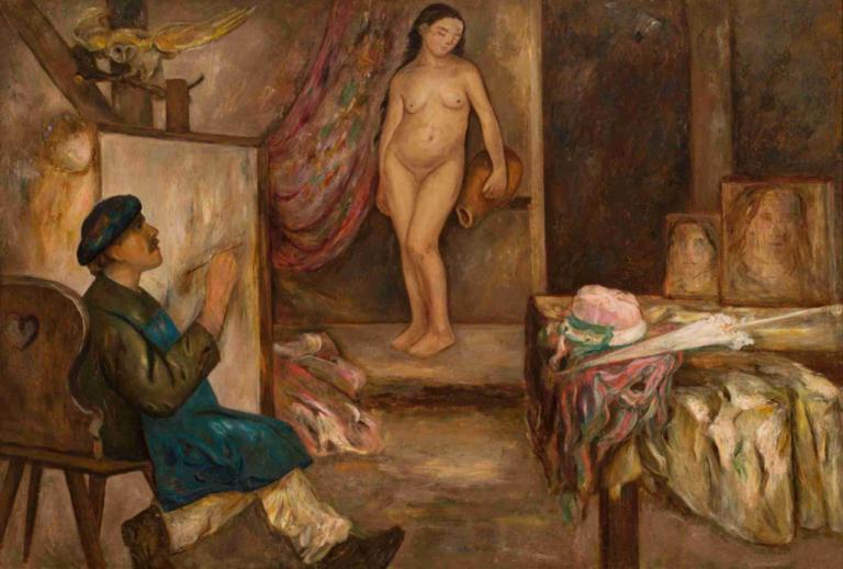 Painter and a model,Tadeusz Makowski,Oil Painting,Oil Painting, fine art parody, nude, nipples, parody, what