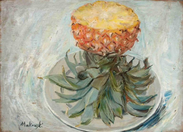 Pineapple on a plate,접시에 파인애플,Tadeusz Makowski,타데우스 마코프스키,오일 페인팅,오일 페인팅, 인간은 없어, 음식 초점, 음식, 정물, 전통 미디어, 그릇