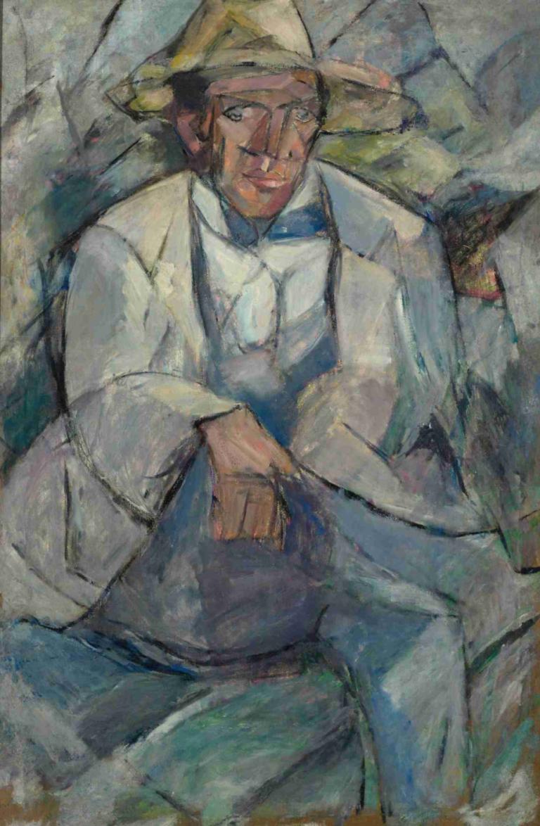 Portrait of a man in a white hat,흰 모자를 쓴 남자의 초상화,Tadeusz Makowski,타데우스 마코프스키,오일 페인팅,오일 페인팅, 1남, 남성 집중, 독주, 모자