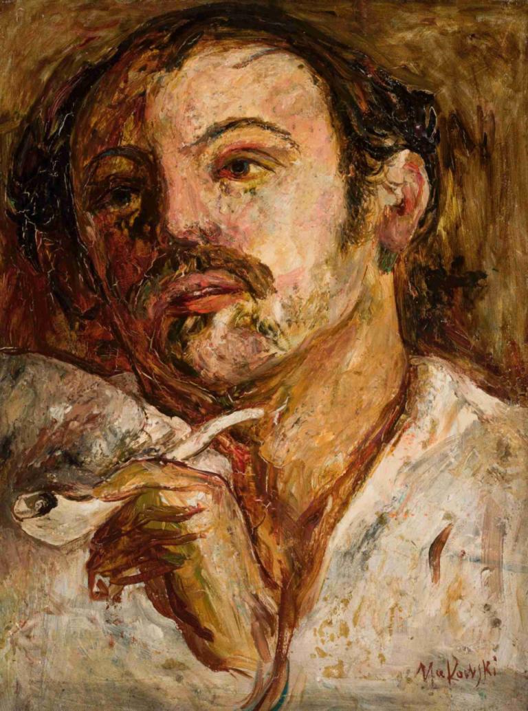 Portrait of a man with a smoking pipe,Tadeusz Makowski,Oil Painting,Oil Painting, 1boy, male focus, solo