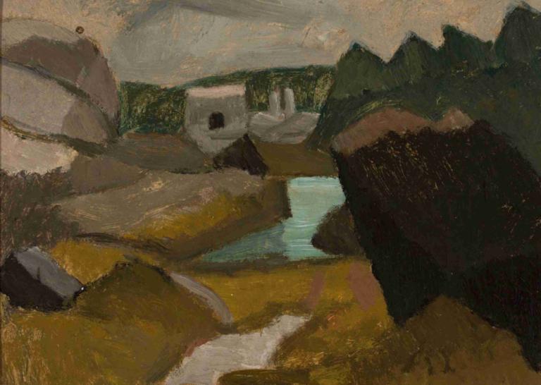 Rocky landscape with water,Kallioinen maisema veden kanssa,Tadeusz Makowski,Öljymaalaus,Öljymaalaus