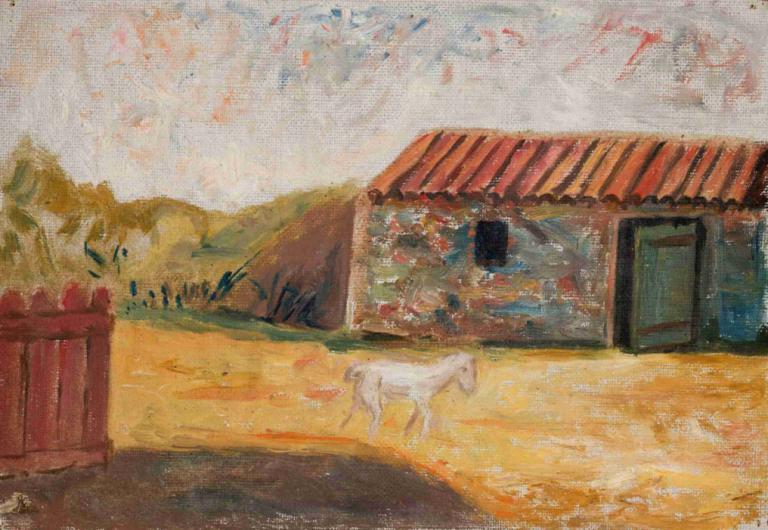 Rural farmstead with a white foal,Maaseudun maatila ja valkoinen varsa,Tadeusz Makowski,Öljymaalaus