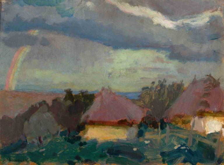 Rural landscape with a rainbow,Maaseudun maisema ja sateenkaari,Tadeusz Makowski,Öljymaalaus,Öljymaalaus