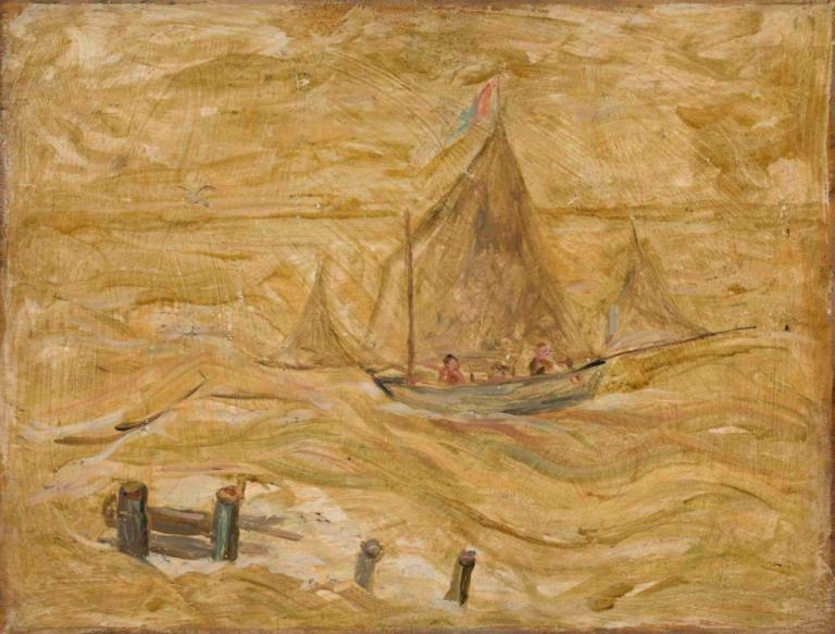 Sailing boat on a sea,Purjevene merellä,Tadeusz Makowski,Öljymaalaus,Öljymaalaus, vesikulkuneuvot, aavikko