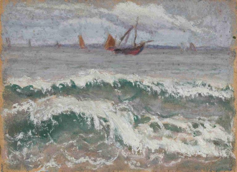 Stormy sea with boats,Laut badai dengan perahu,Tadeusz Makowski,Lukisan cat minyak,Lukisan cat minyak, ombak