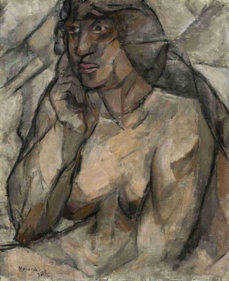 Study of a nude (Female half-nude),Tadeusz Makowski,Oil Painting,Oil Painting, 1girl, solo, dark skin