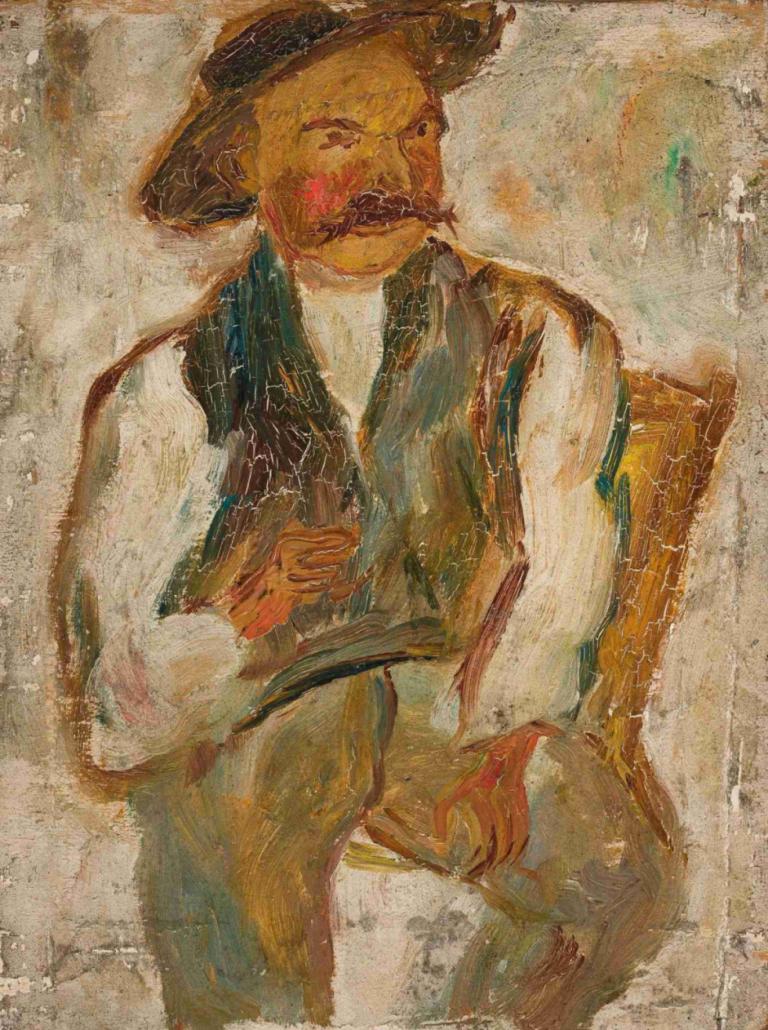 Study of a peasant in a hat,Studi tentang seorang petani bertopi,Tadeusz Makowski,Lukisan cat minyak