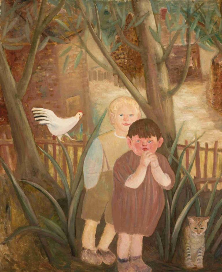 Two children with a cat,Dva otroka z mačko,Tadeusz Makowski,Oljna slika,Oljna slika, ptica, blond lasje