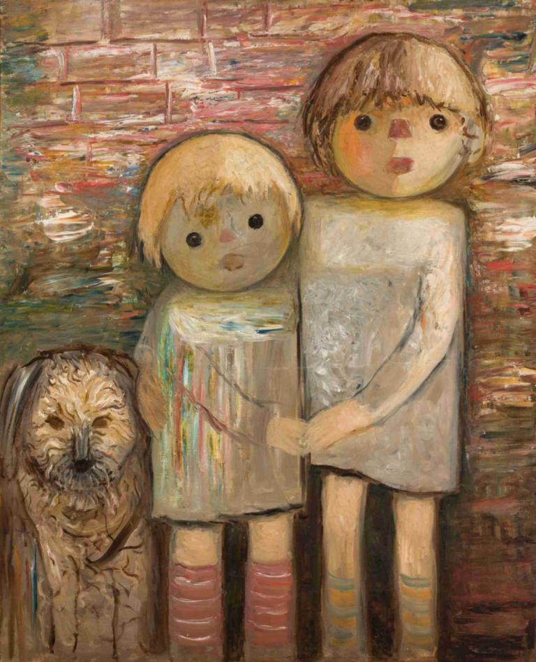 Two children with a dog,Dva otroka s psom,Tadeusz Makowski,Oljna slika,Oljna slika, grozljivka (tema), majica