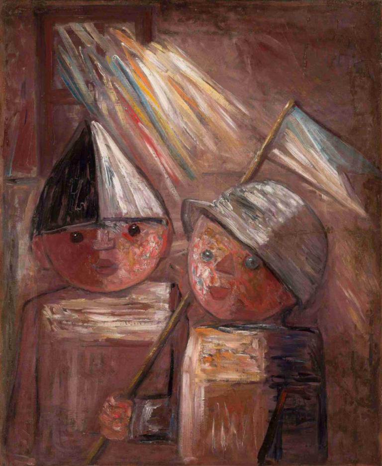 Two children with a flag,Dva otroka z zastavo,Tadeusz Makowski,Oljna slika,Oljna slika, Črni lasje, držati