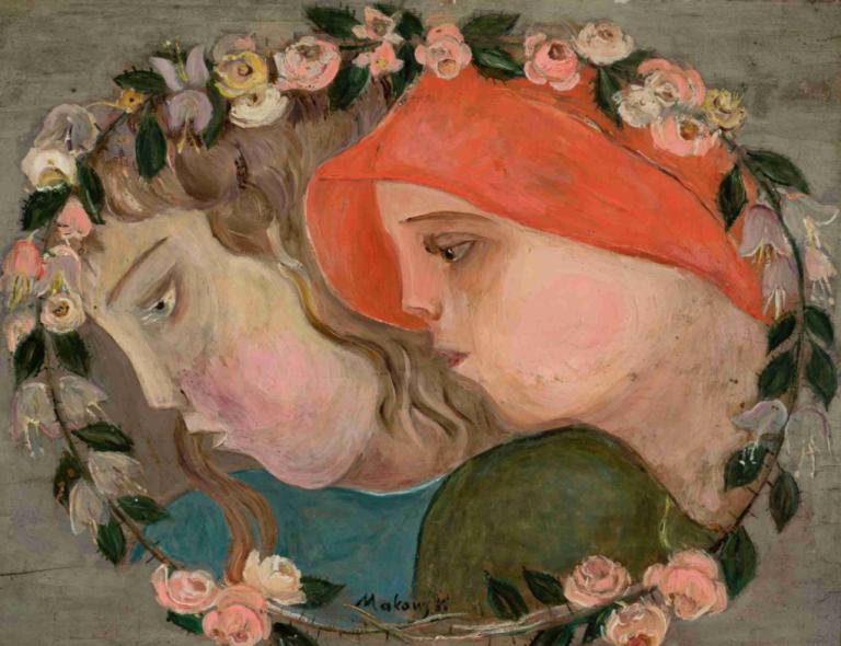 Two heads of little girls in a garland of flowers,Dve glavi deklic v cvetličnem vencu,Tadeusz Makowski