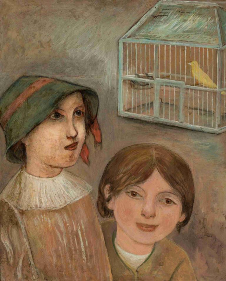 Two little girls beside a cage with a canary,Kanaryalı bir kafesin yanında iki küçük kız,Tadeusz Makowski