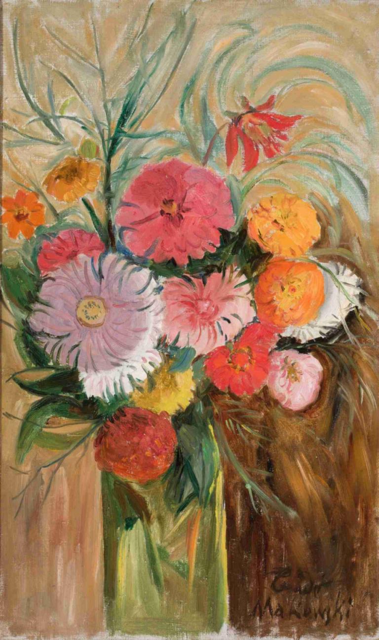 Zinnias and asters in a glass jar,Zinnias dan aster dalam toples kaca,Tadeusz Makowski,Lukisan cat minyak