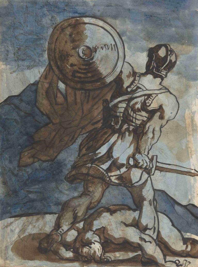 A Warrior Holding a Shield and Sword, Seen from the Back,Een krijger met schild en zwaard, op de rug gezien