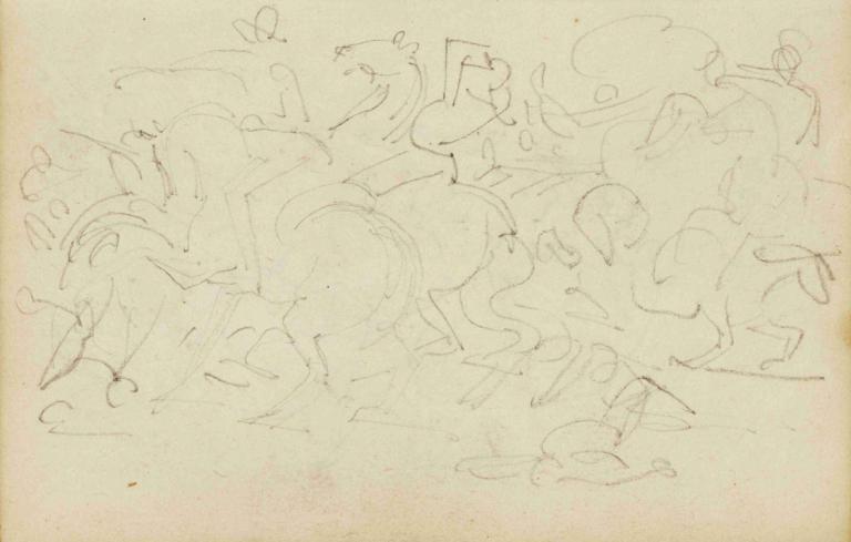 Cavalry skirmish,Cavalerie schermutseling,Théodore Géricault,Schetsen,Schetsen, monochroom, schetsen