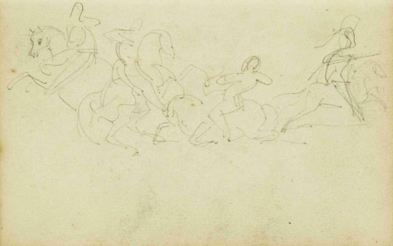 Cavalry skirmish with four horsemen,Théodore Géricault,Sketch,Sketch, monochrome, sketch, 1girl