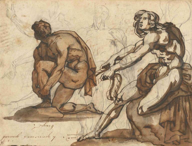 Classical Nudes,Klasyczne akty,Théodore Géricault,Szkic,Szkic, monochromia, nagi, sepia, boso, 1chłopiec