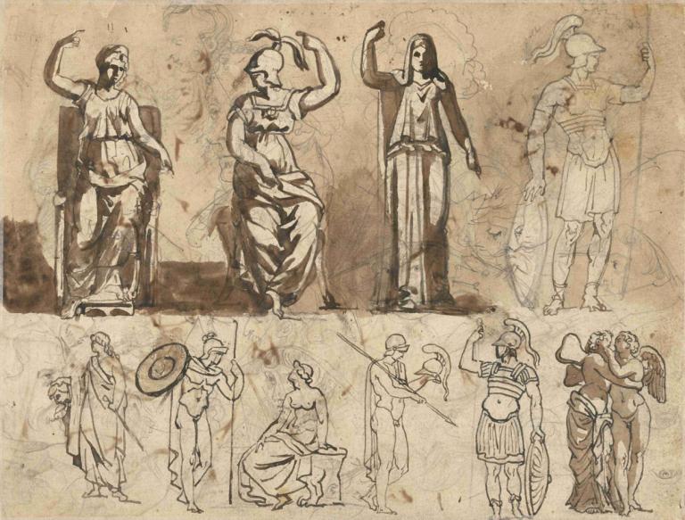 Classical Statuary,Klasično kiparstvo,Théodore Géricault,Skica,Skica, ščit, orožje, več fantov, parodija, meč