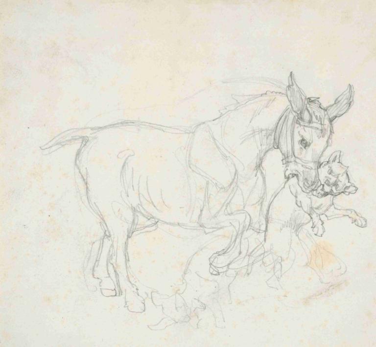 Donkey Holding Dog in its Mouth,Théodore Géricault,Sketch,Sketch, no humans, animal, monochrome, horse, dog