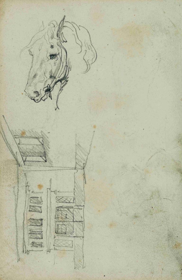 Horse head, view of a courtyard,Głowa konia, widok na dziedziniec,Théodore Géricault,Szkic,Szkic, koń