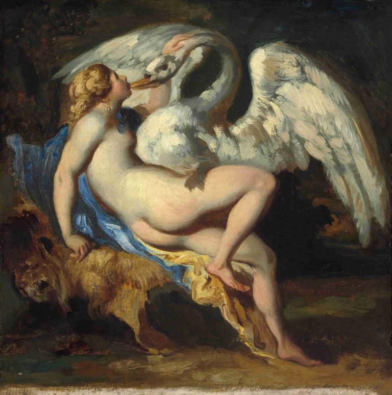 Léda et le cygne,레다와 백조,Théodore Géricault,테오도르 제리코,오일 페인팅,오일 페인팅, 미술 패러디, 나체상, 날개, 여자 1명, 나귀, 가짜 전통 미디어