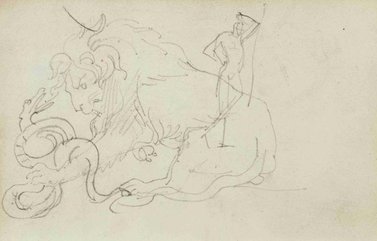 Lion attacking a snake over nude figure study