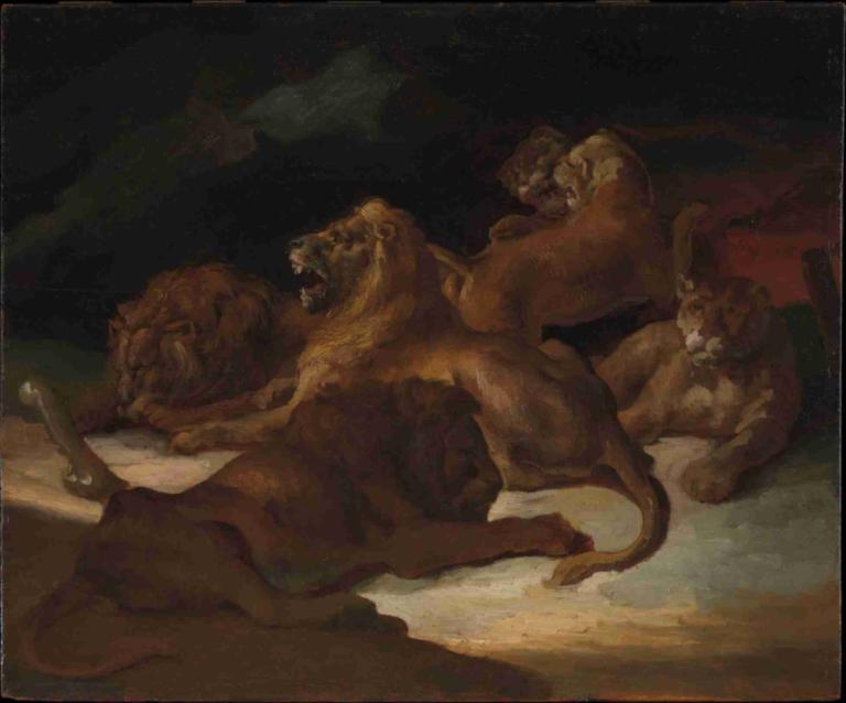 Lions in a Mountainous Landscape,산악 풍경 속의 사자,Théodore Géricault,테오도르 제리코,오일 페인팅,오일 페인팅, 인간은 없어, 사자, 입을 벌리다