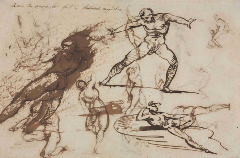 Sheet of Sketches (recto),Théodore Géricault,Sketch,Sketch, monochrome, sketch, multiple boys, muscular