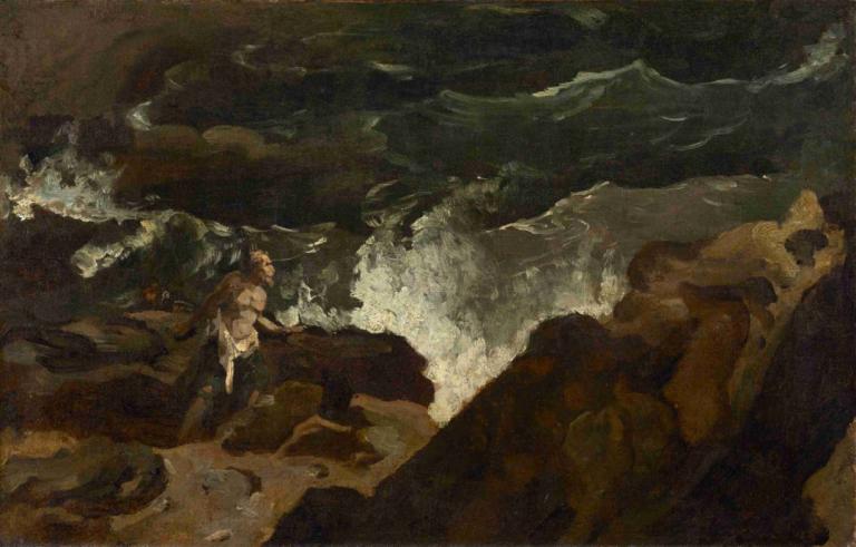 Shipwrecked on a Beach (The Tempest),Théodore Géricault,Oil Painting,Oil Painting, solo, water, waves, 1boy