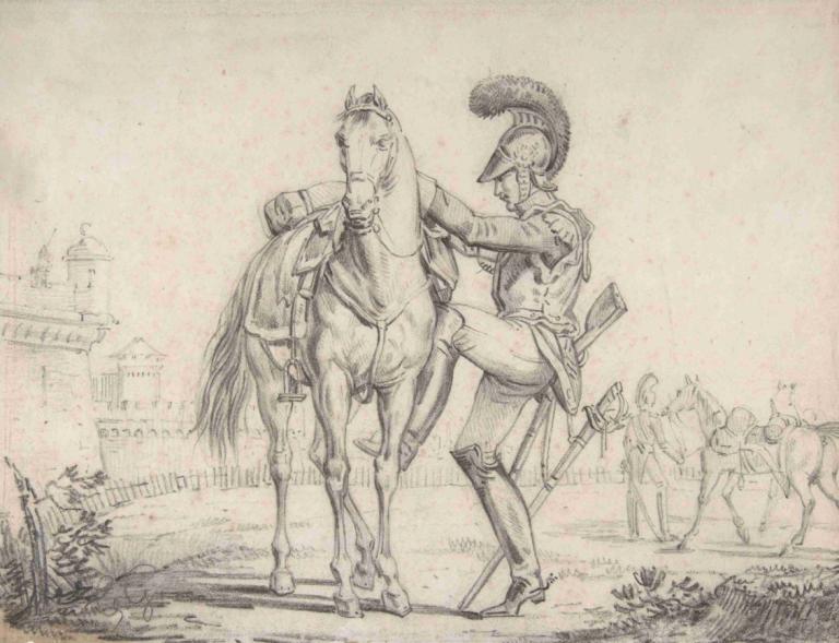 Soldier Mounting a Horse,Soldat på en hest,Théodore Géricault,Theodore Gericault,Skitse,Skitse, hest, våben