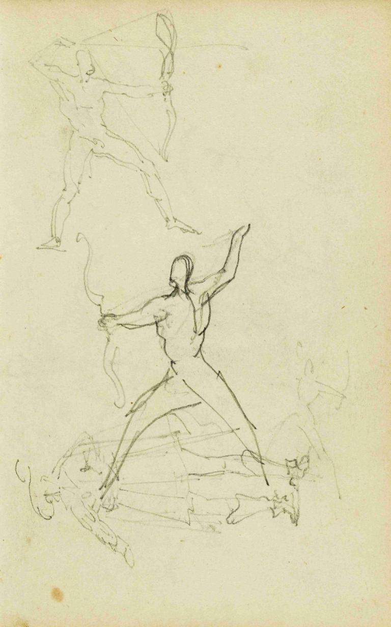 Three studies of a nude man with bow and arrow, standing cavalier,Théodore Géricault,Sketch,Sketch, sketch